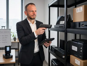 Pracownik skanuje sprzęt firmowy czytnikiem RFID podczas inwentaryzacji