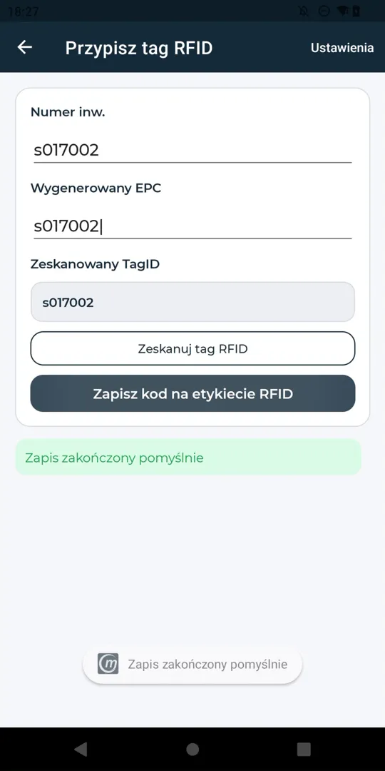 Ekran przypisania tagu RFID: numer inwentarzowy s017002 do zapisania na etykiecie