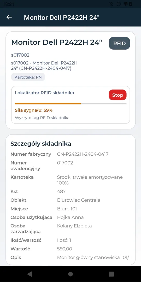 Karta składnika Monitor Dell P2422H 24 cale z włączonym lokalizatorem RFID i siłą sygnału 55 procent