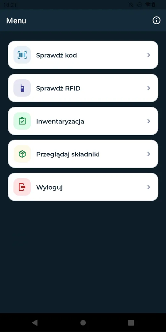Menu aplikacji mobilnej Ewidencja Majątku: Sprawdź kod, Sprawdź RFID, Inwentaryzacja, Przeglądaj składniki