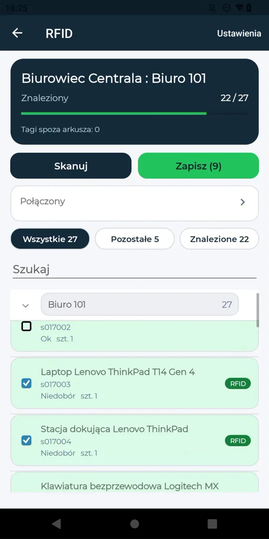Lista kontrolna RFID w aplikacji mobilnej: Biurowiec Centrala, Biuro 101, znaleziono 22 z 27 pozycji, filtry Wszystkie, Pozostałe i Znalezione