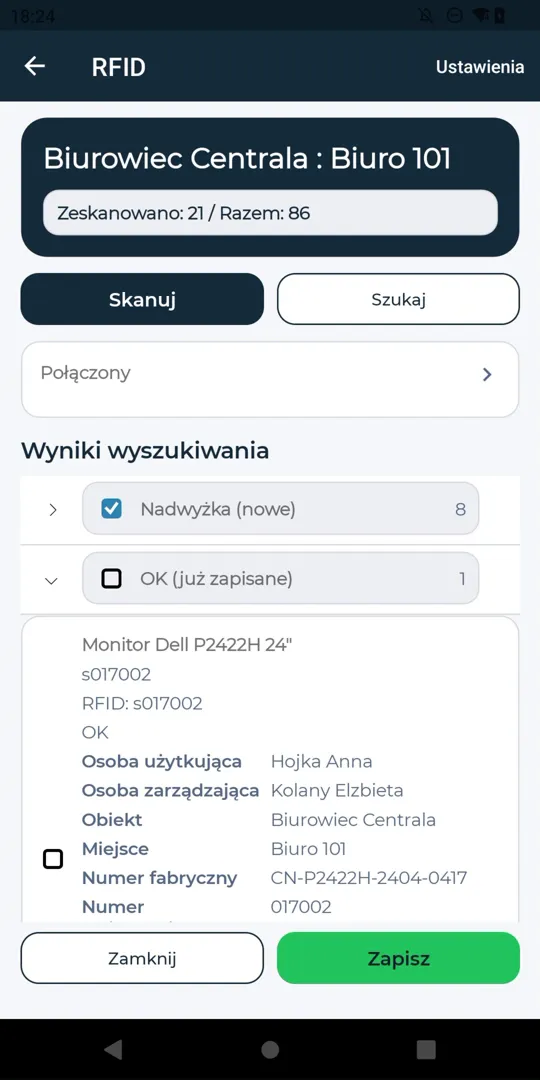 Ekran RFID w aplikacji mobilnej: Biurowiec Centrala, Biuro 101, zeskanowano 18 z 42 pozycji, lista odczytanych tagów z siłą sygnału