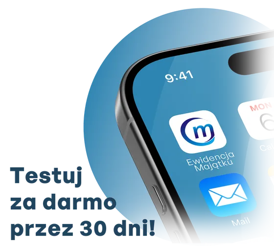 Telefon z aplikacją mobilną Ewidencja Majątku i hasłem „Testuj za darmo przez 30 dni!”
