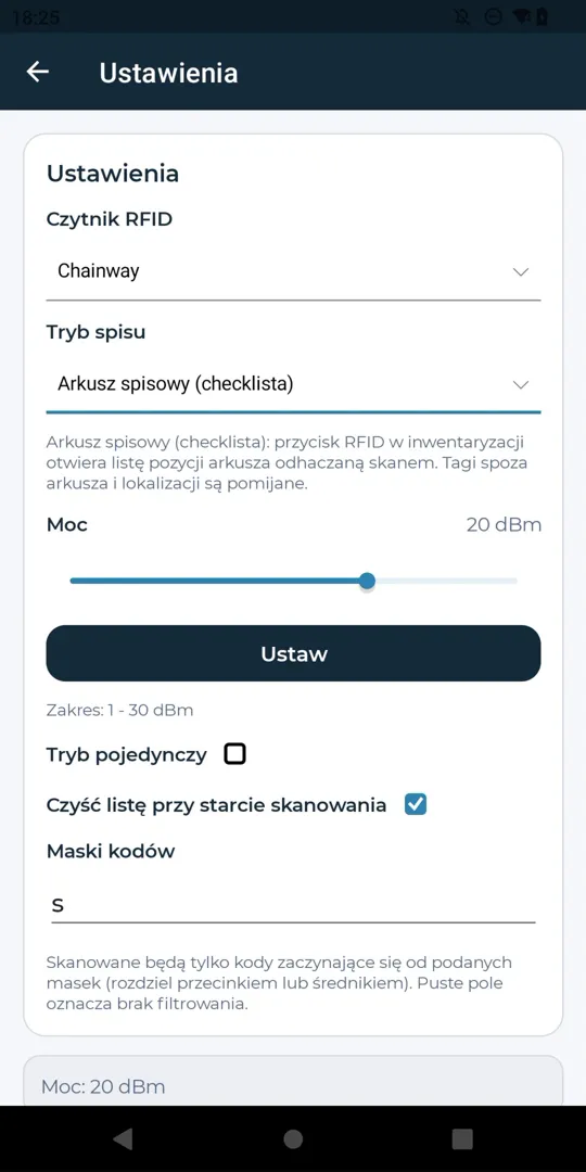 Ustawienia czytnika RFID w aplikacji mobilnej: czytnik Chainway, tryb spisu arkusz spisowy, moc anteny 20 dBm